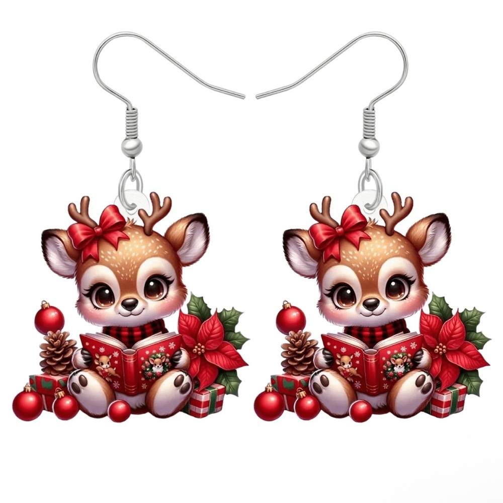 Reindeer Reading A Book Earrings with Red Accents - Picture 5 of 7